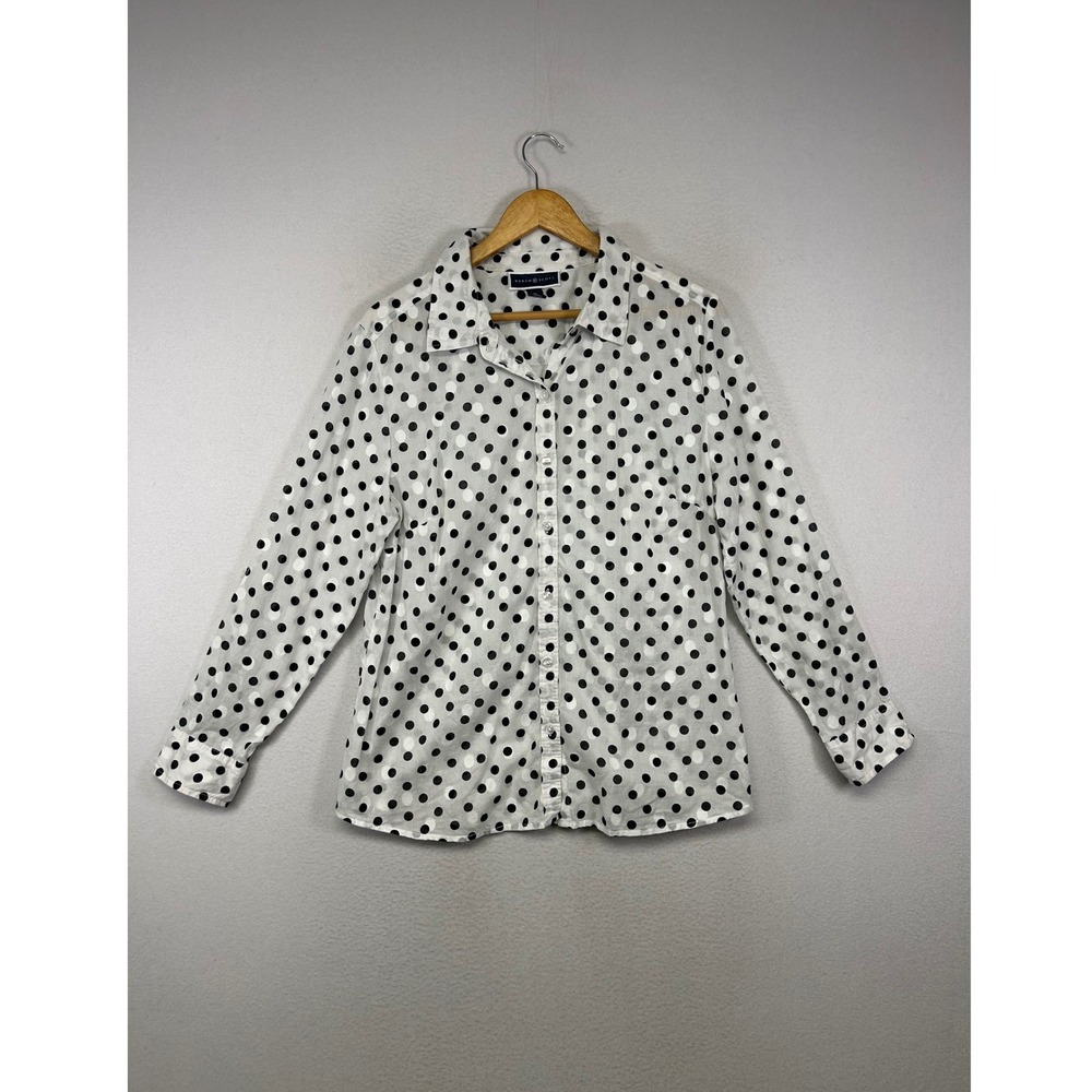 Retro Karen Scott Women L White Black Polka Dot Button Down Cotton Shirt